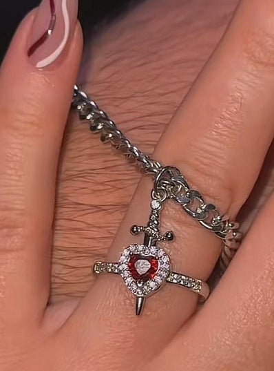 Dagger Through The Heart Couple Necklace Red Rhinestone Heart Ring & Dagger Necklace