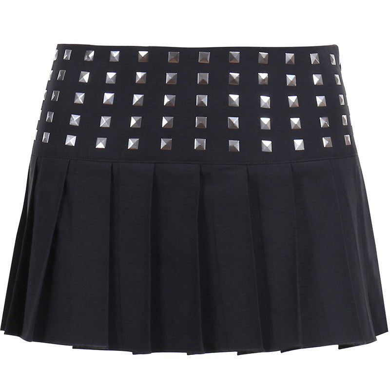 Studded High Stretch Black Pleated Skirt