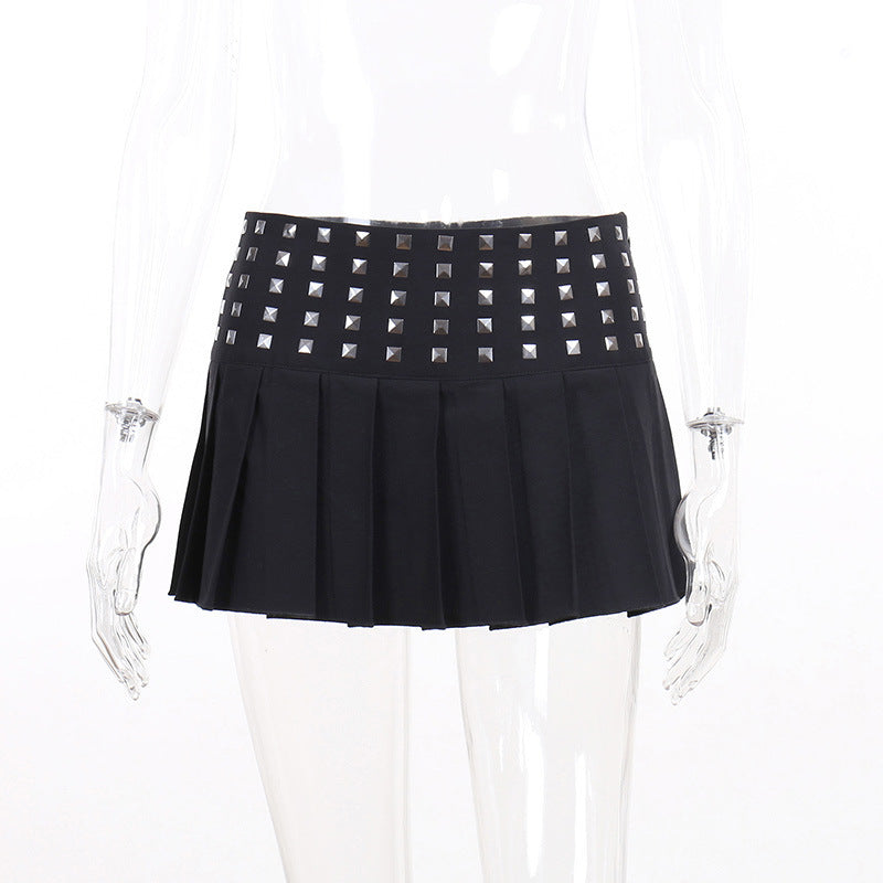 Studded High Stretch Black Pleated Skirt